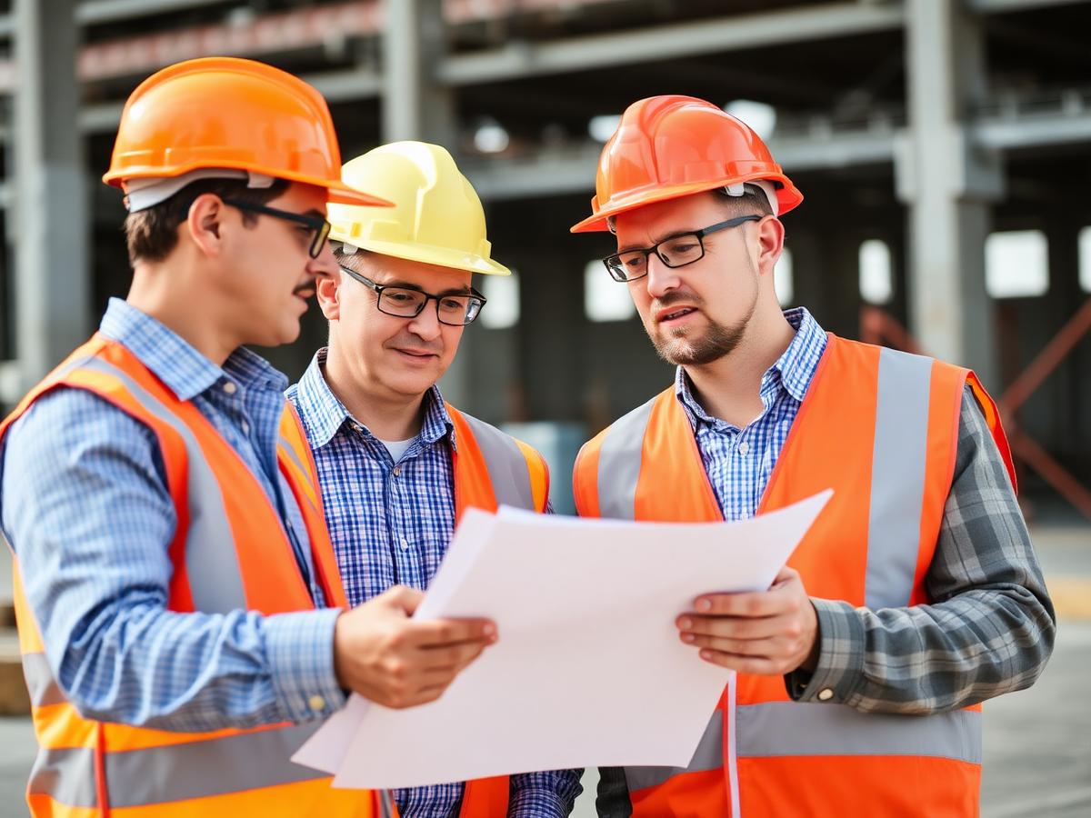 Equipo de ingenieros de Construcciones SK revisando planos
